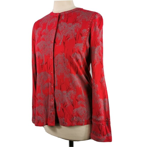 White Stuff Tops - WHITE STUFF Long Sleeve Top Crew Neck UK 10 Red Grey Button Up Tree Print